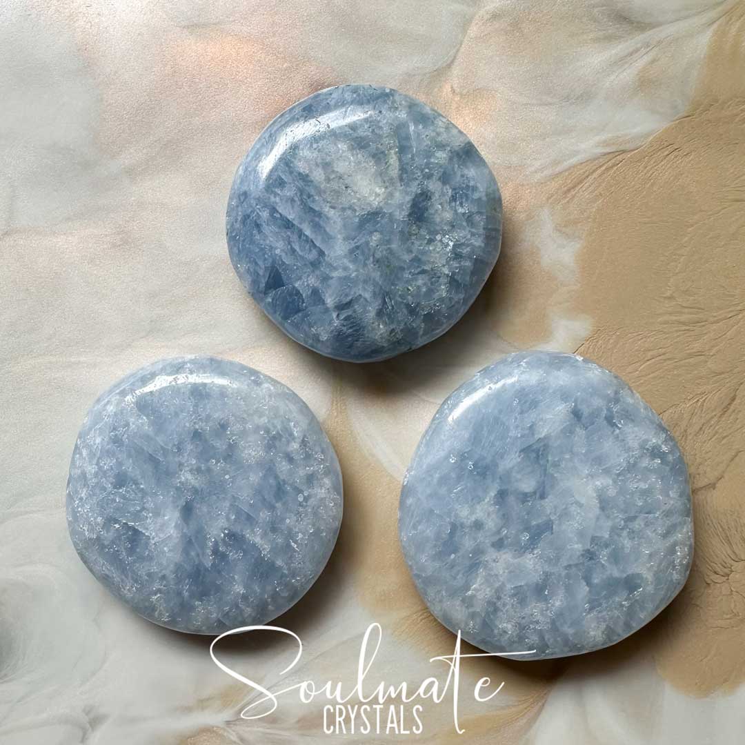 Soulmate Crystals Blue Calcite Polished Crystal Palm Stone, Polished Light Blue Crystal for Calm, Relaxation and Clear Communication.
