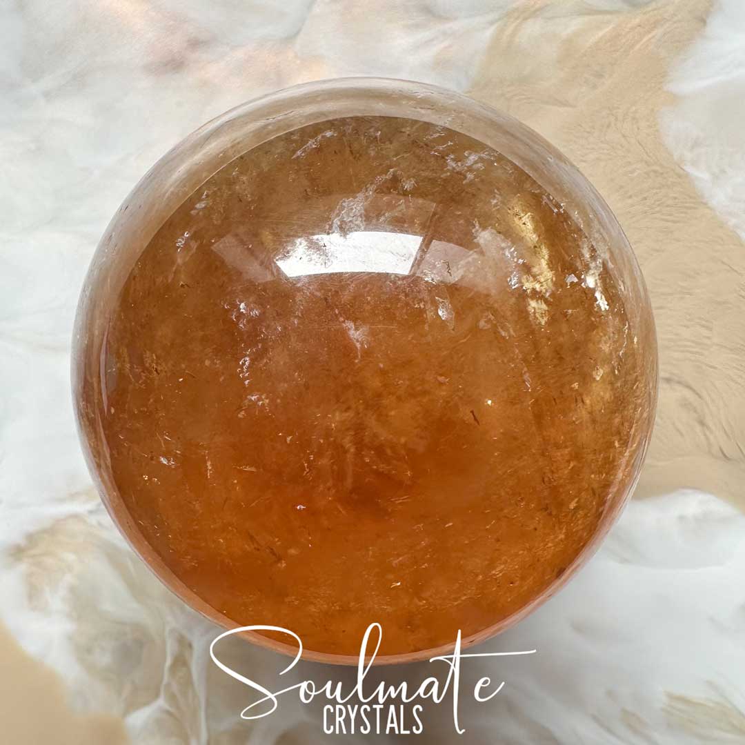 Soulmate Crystals Calcite Golden Honey Polished Crystal Sphere, Translucent Gold Crystal for Emotional Wellbeing, Higher Awareness, Revitalisation, Empowerment, Mental Clarity, Positivity, Calming, Focus, Manifestation, Good Fortune.
