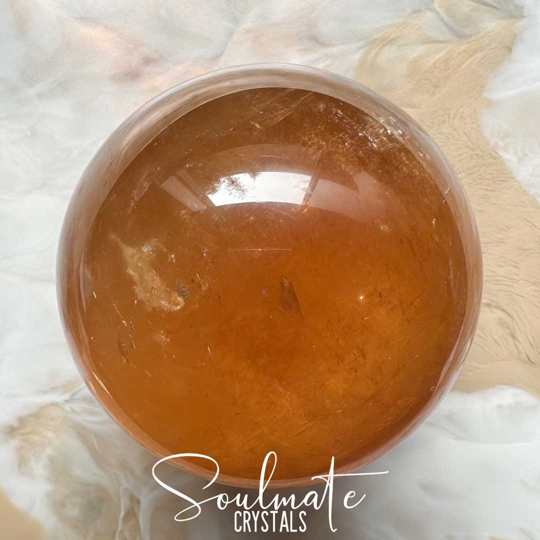 Soulmate Crystals Calcite Golden Honey Polished Crystal Sphere, Translucent Gold Crystal for Emotional Wellbeing, Higher Awareness, Revitalisation, Empowerment, Mental Clarity, Positivity, Calming, Focus, Manifestation, Good Fortune.