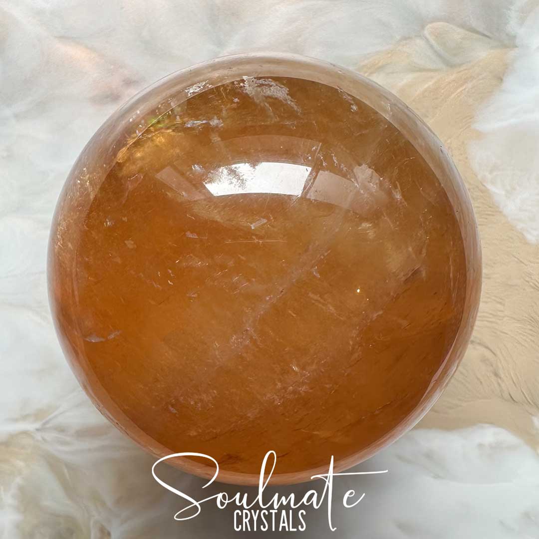 Soulmate Crystals Calcite Golden Honey Polished Crystal Sphere, Translucent Gold Crystal for Emotional Wellbeing, Higher Awareness, Revitalisation, Empowerment, Mental Clarity, Positivity, Calming, Focus, Manifestation, Good Fortune.