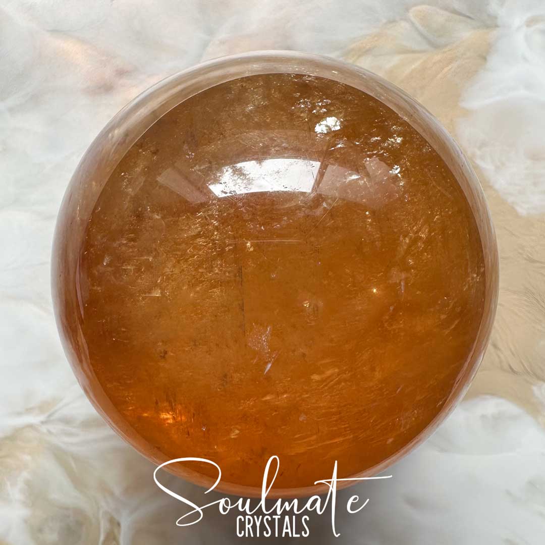 Soulmate Crystals Calcite Golden Honey Polished Crystal Sphere, Translucent Gold Crystal for Emotional Wellbeing, Higher Awareness, Revitalisation, Empowerment, Mental Clarity, Positivity, Calming, Focus, Manifestation, Good Fortune.
