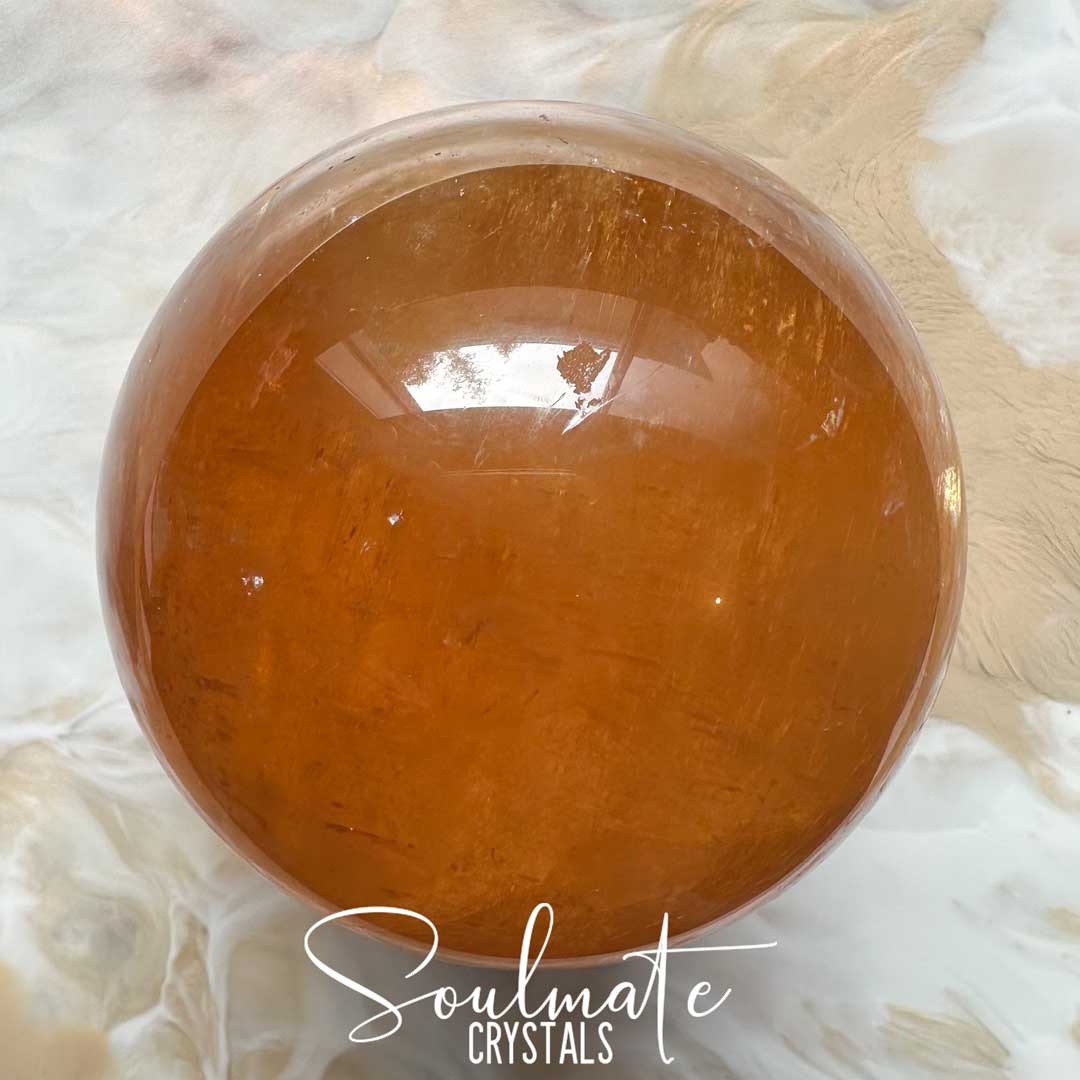 Soulmate Crystals Calcite Golden Honey Polished Crystal Sphere, Translucent Gold Crystal for Emotional Wellbeing, Higher Awareness, Revitalisation, Empowerment, Mental Clarity, Positivity, Calming, Focus, Manifestation, Good Fortune.