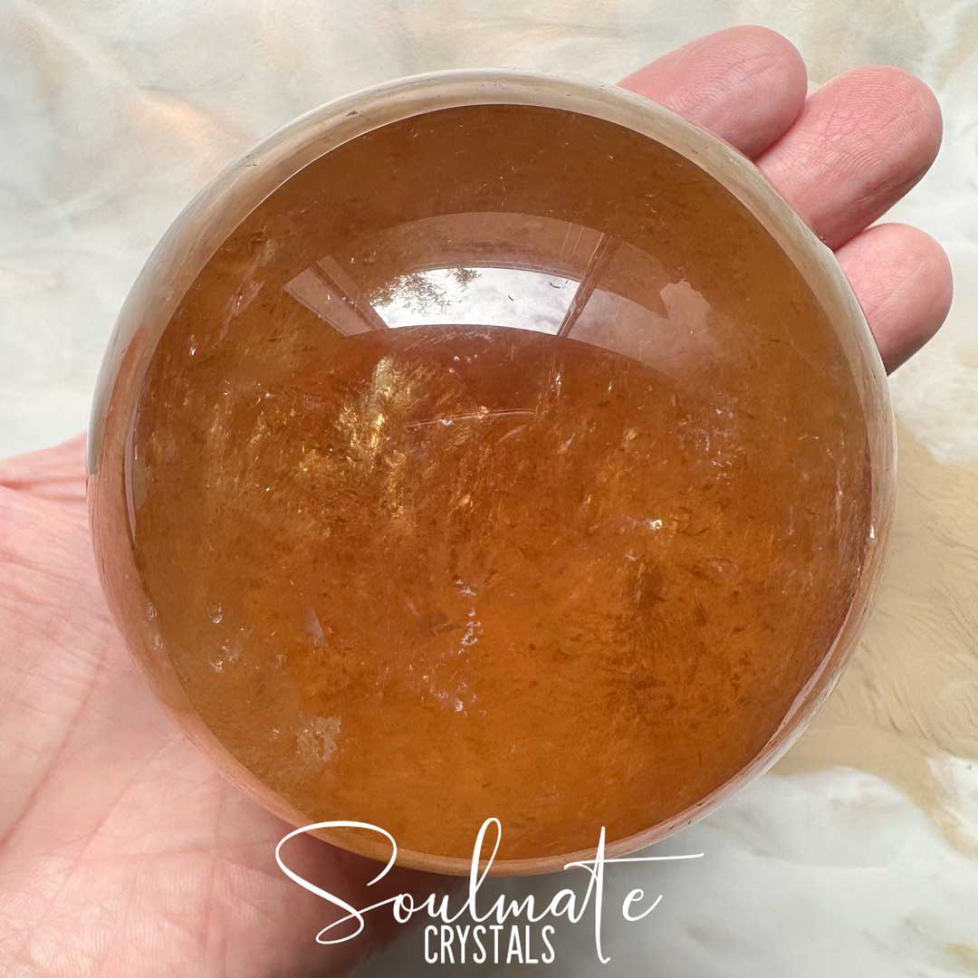Soulmate Crystals Calcite Golden Honey Polished Crystal Sphere, Translucent Gold Crystal for Emotional Wellbeing, Higher Awareness, Revitalisation, Empowerment, Mental Clarity, Positivity, Calming, Focus, Manifestation, Good Fortune.