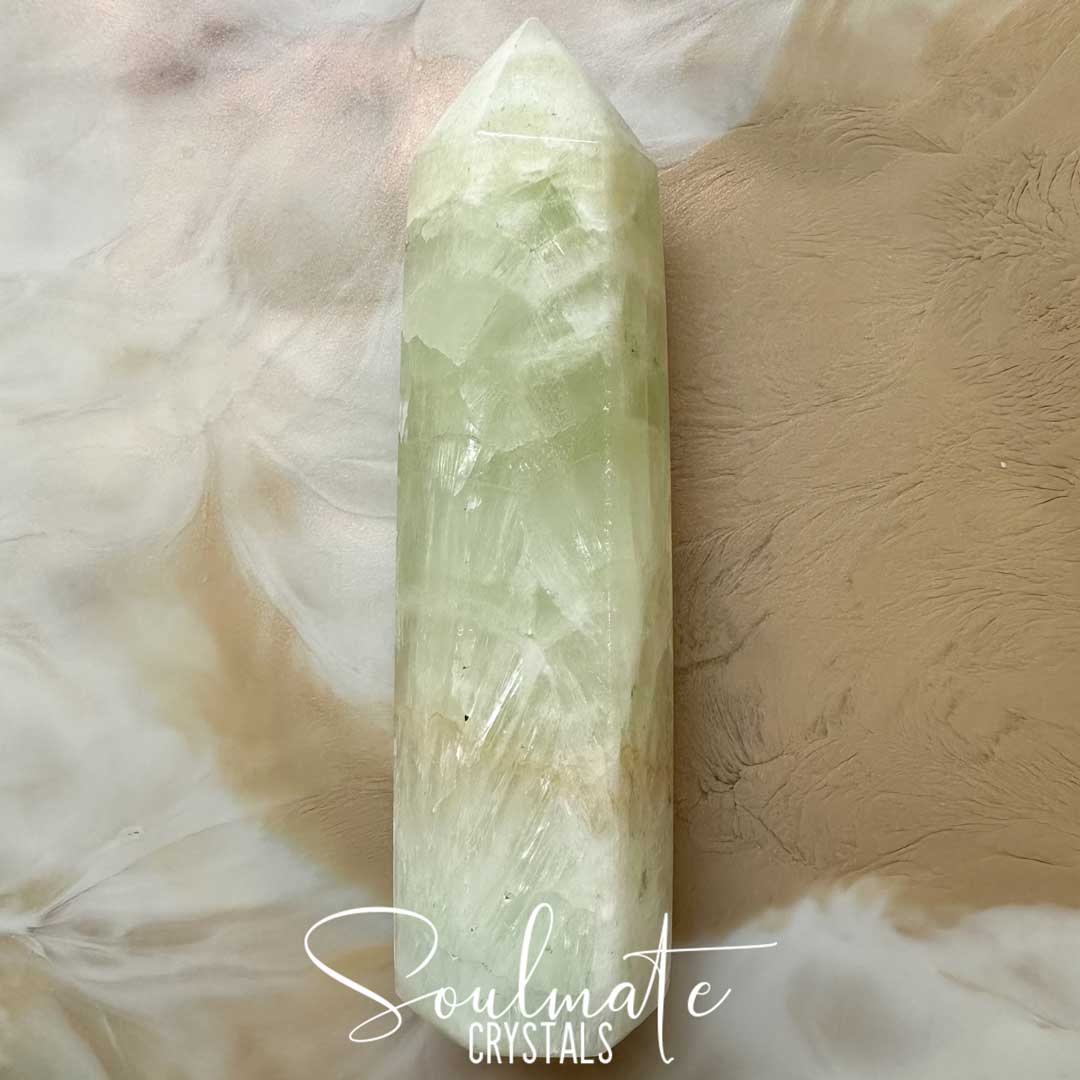 Soulmate Crystals Calcite Pistachio Polished Crystal Point, Seafoam Green Crystal for Meditation, Rejuvenation and Transformation