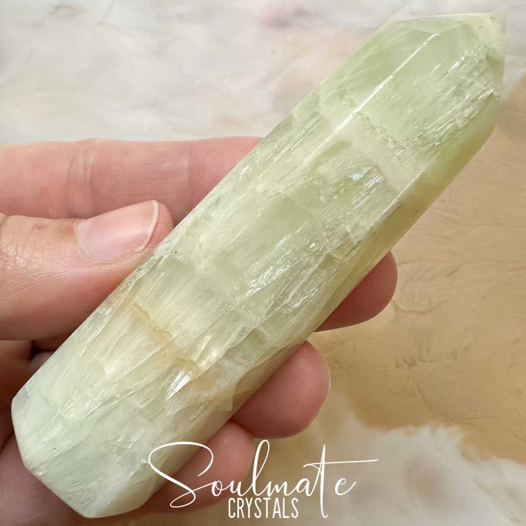 Soulmate Crystals Calcite Pistachio Polished Crystal Point, Seafoam Green Crystal for Meditation, Rejuvenation and Transformation