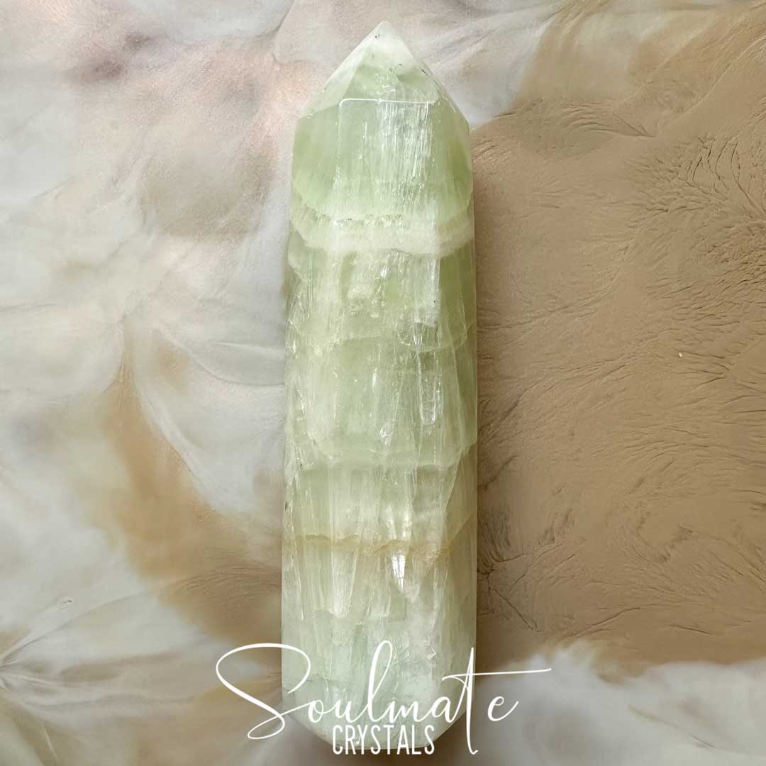 Soulmate Crystals Calcite Pistachio Polished Crystal Point, Seafoam Green Crystal for Meditation, Rejuvenation and Transformation