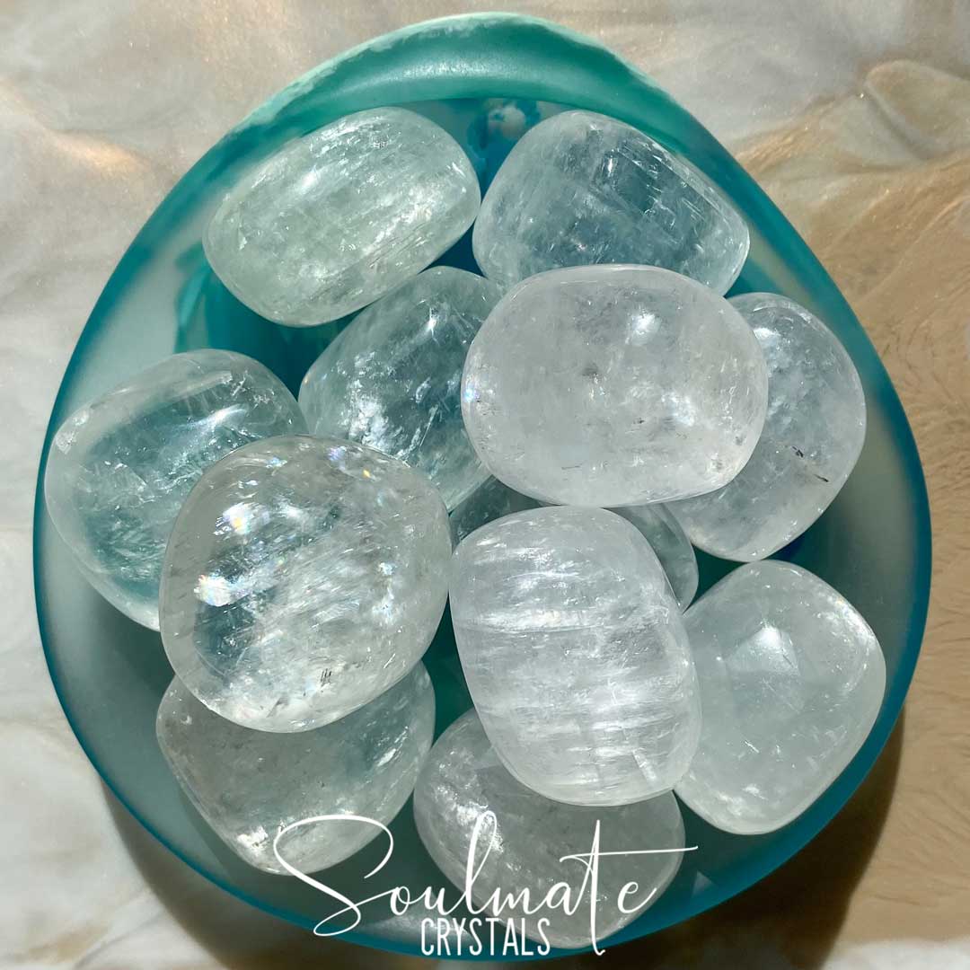 Soulmate Crystals White Calcite Tumbled Stone, Gemmy Semi-Translucent, Clear Crystal for Cleansing, Light and Space Clearing.