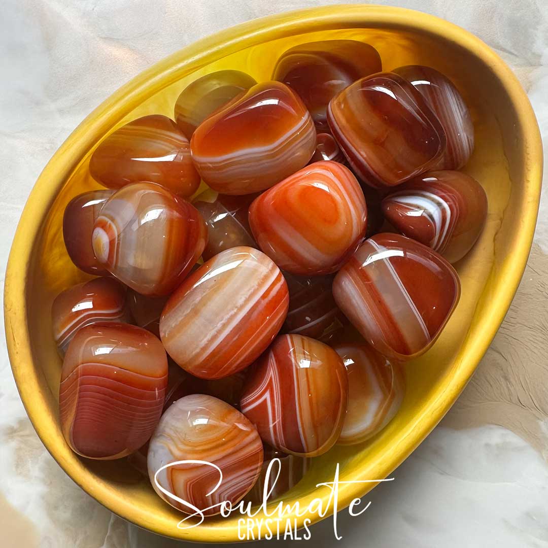 Soulmate Crystals Carnelian Banded Tumbled Stone, Polished White Banded, Orange Crystal for Mindfulness, Vitality and Creativity