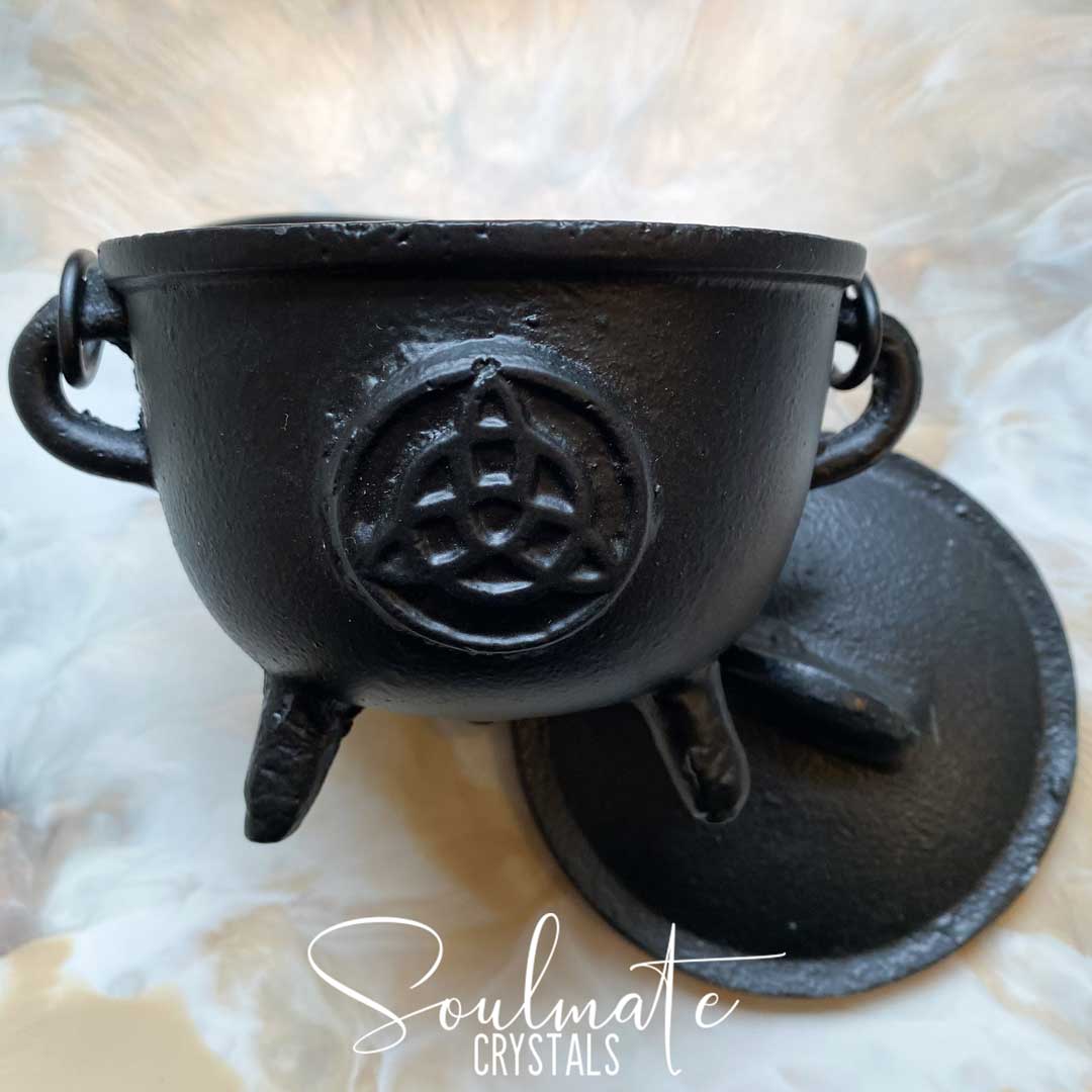 Soulmate Crystals Cauldron Black Cast Iron Lidded Triquetra Symbol, Black Cauldron, Pot for Smoke Cleansing Rituals, Ceremonies, Herb, Resin Burning, Vessel, Crystal Energy Tool, Energy Tools, Witch Cauldron.