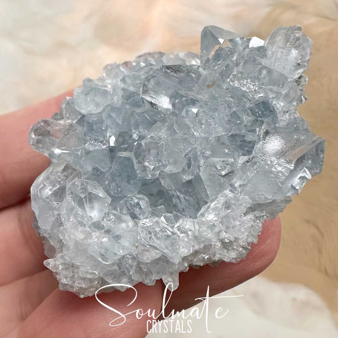 Soulmate Crystals Celestite Raw Natural Geode Cluster 2XQ, Gemmy Blue Crystal for Inner Calm, Meditation, Spiritual Development, Serenity and Restful Sleep.