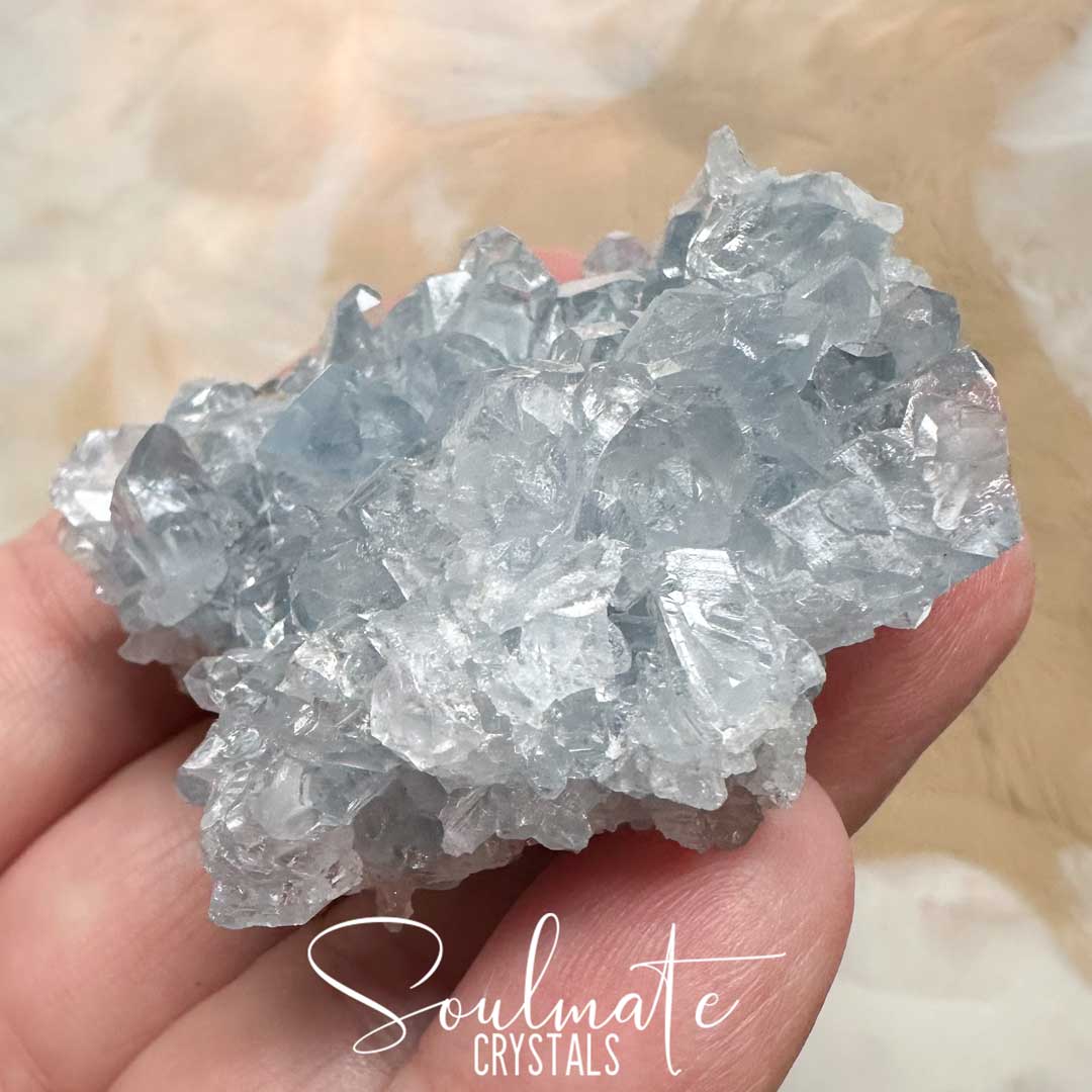 Soulmate Crystals Celestite Raw Natural Geode Cluster 2XQ, Gemmy Blue Crystal for Inner Calm, Meditation, Spiritual Development, Serenity and Restful Sleep.