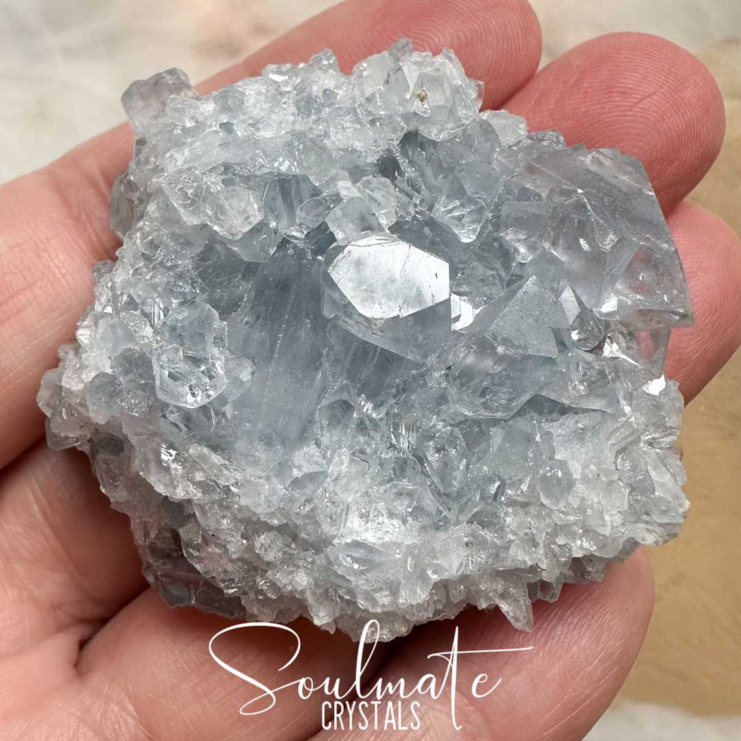 Soulmate Crystals Celestite Raw Natural Geode Cluster 2XQ, Gemmy Blue Crystal for Inner Calm, Meditation, Spiritual Development, Serenity and Restful Sleep.