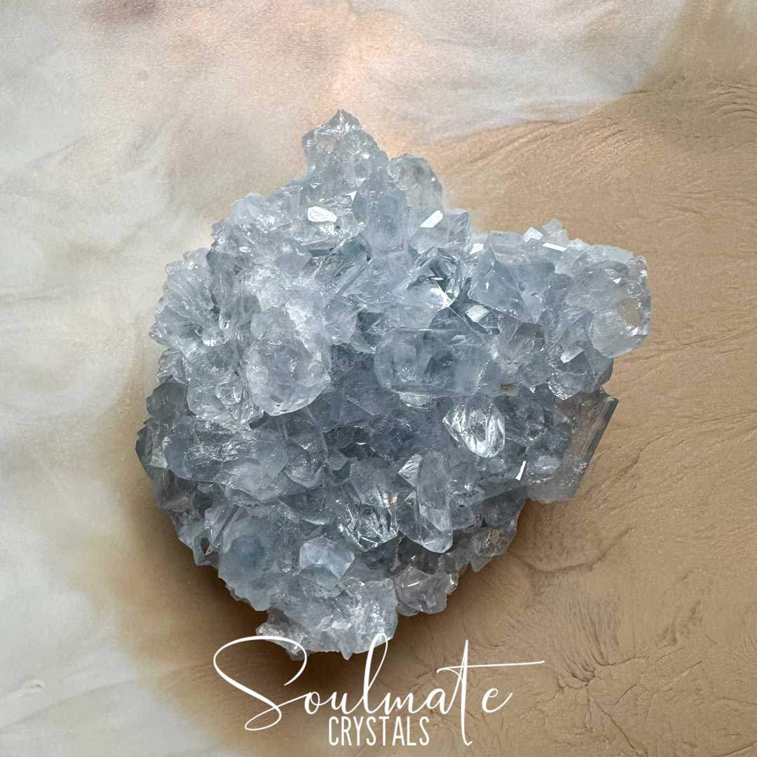 Soulmate Crystals Celestite Raw Natural Geode Cluster 2XQ, Gemmy Blue Crystal for Inner Calm, Meditation, Spiritual Development, Serenity and Restful Sleep.