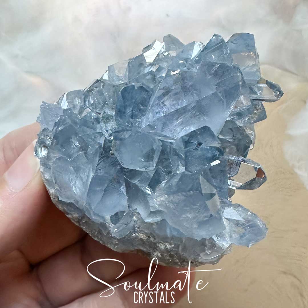 Soulmate Crystals Celestite Raw Natural Geode Cluster 3XQ, Gemmy Blue Crystal for Inner Calm, Meditation, Spiritual Development, Serenity and Restful Sleep.