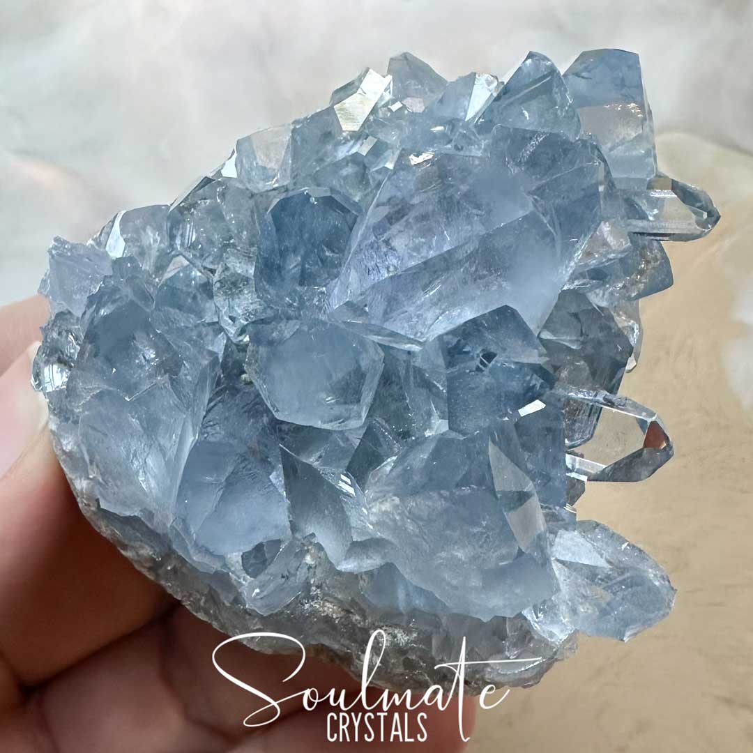 Soulmate Crystals Celestite Raw Natural Geode Cluster 3XQ, Gemmy Blue Crystal for Inner Calm, Meditation, Spiritual Development, Serenity and Restful Sleep.