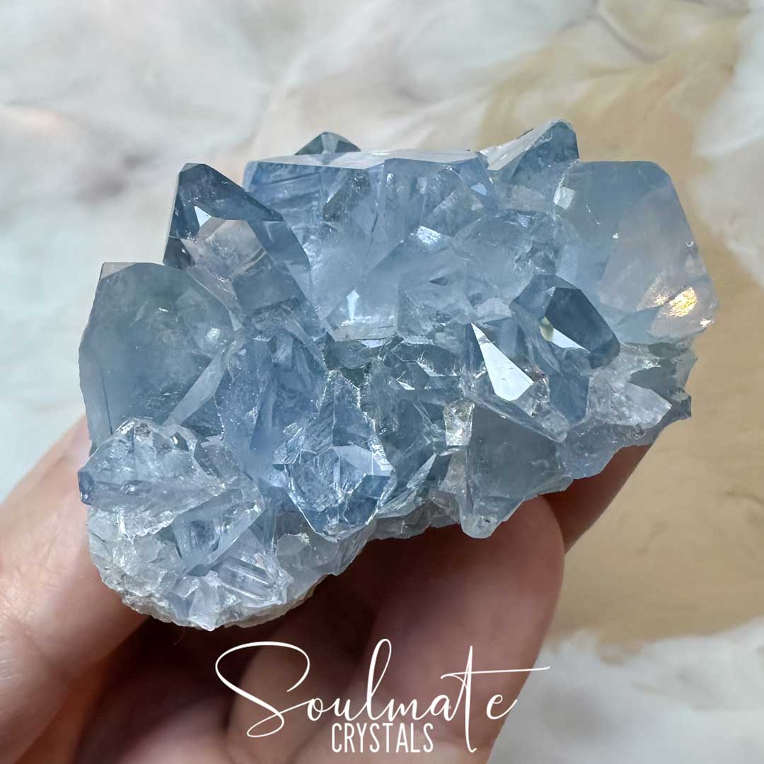 Soulmate Crystals Celestite Raw Natural Geode Cluster 3XQ, Gemmy Blue Crystal for Inner Calm, Meditation, Spiritual Development, Serenity and Restful Sleep.