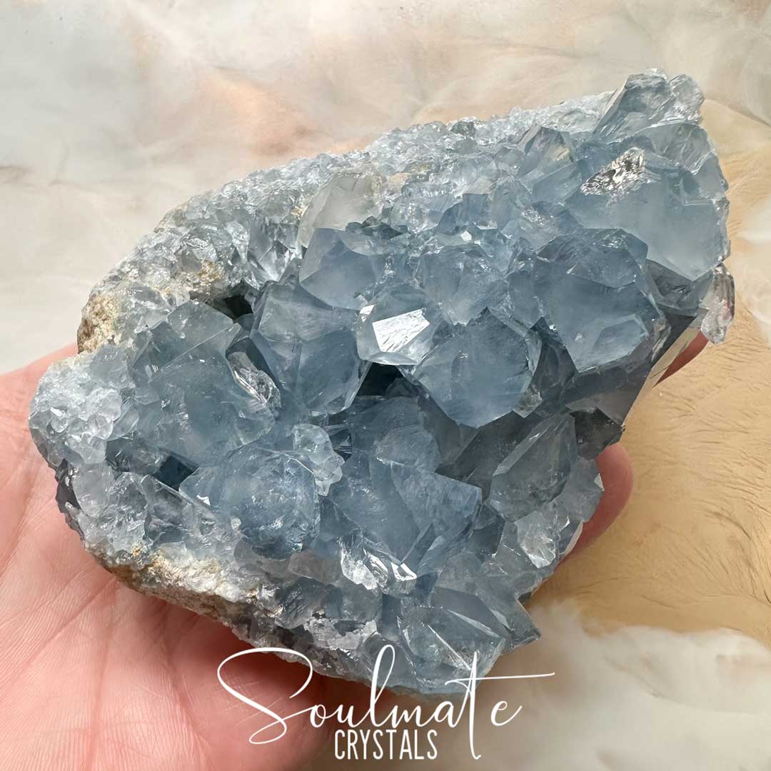 Soulmate Crystals Celestite Raw Natural Geode Cluster 2XQ, Gemmy Blue Crystal for Inner Calm, Meditation, Spiritual Development, Serenity and Restful Sleep.