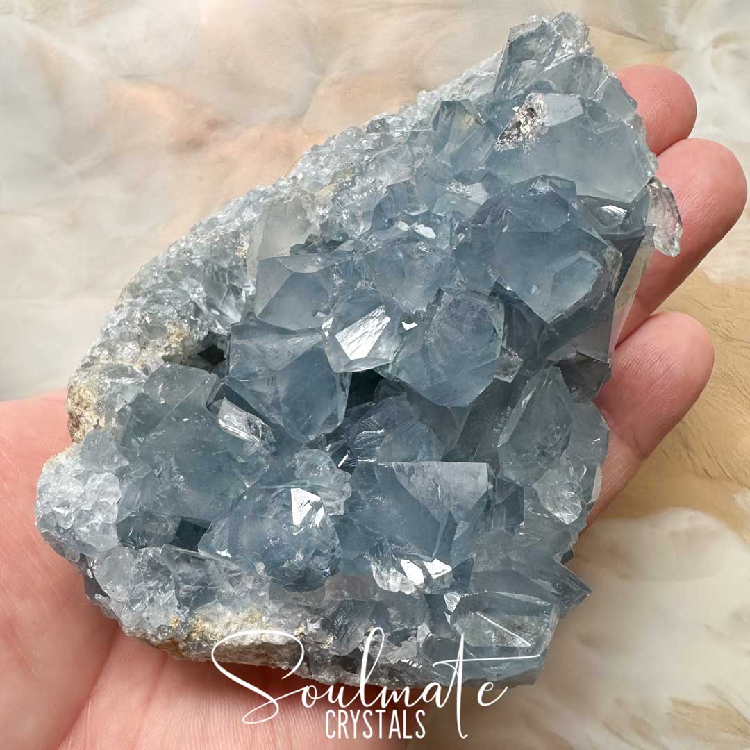 Soulmate Crystals Celestite Raw Natural Geode Cluster 2XQ, Gemmy Blue Crystal for Inner Calm, Meditation, Spiritual Development, Serenity and Restful Sleep.