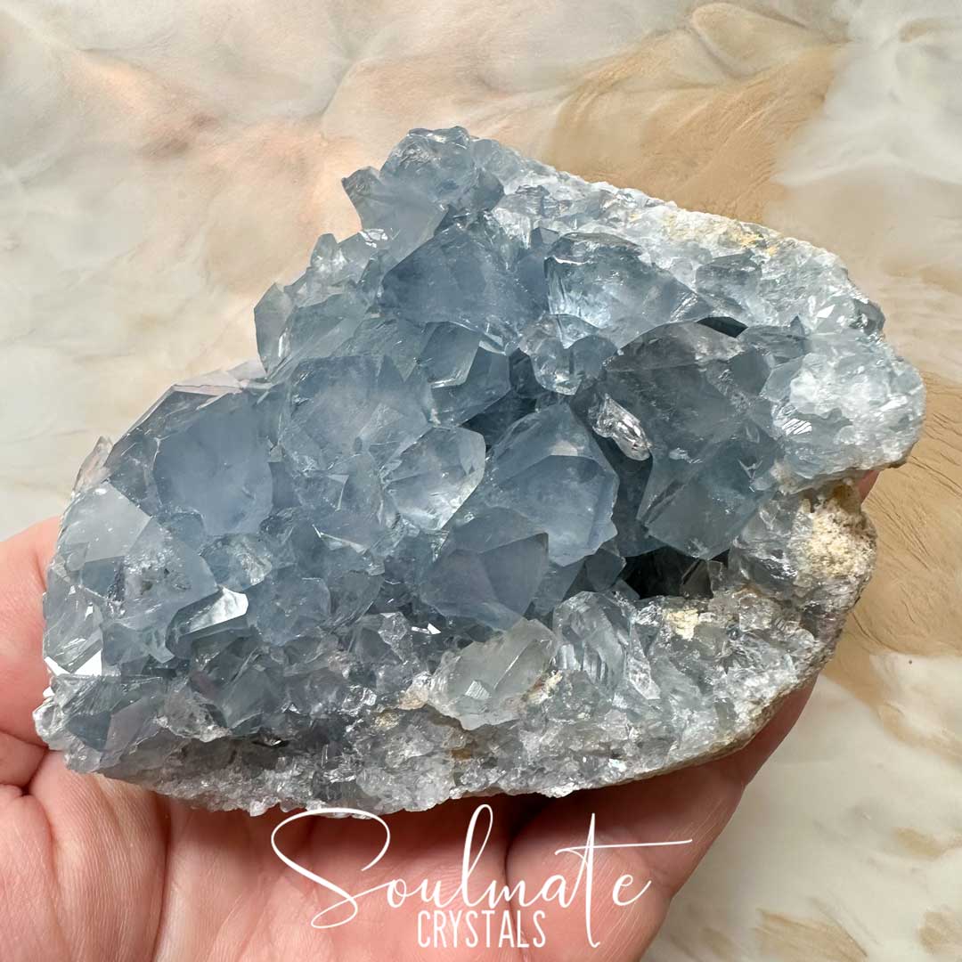 Soulmate Crystals Celestite Raw Natural Geode Cluster 2XQ, Gemmy Blue Crystal for Inner Calm, Meditation, Spiritual Development, Serenity and Restful Sleep.