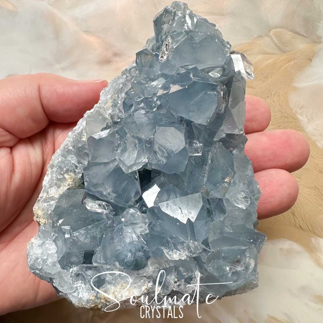 Soulmate Crystals Celestite Raw Natural Geode Cluster 2XQ, Gemmy Blue Crystal for Inner Calm, Meditation, Spiritual Development, Serenity and Restful Sleep.