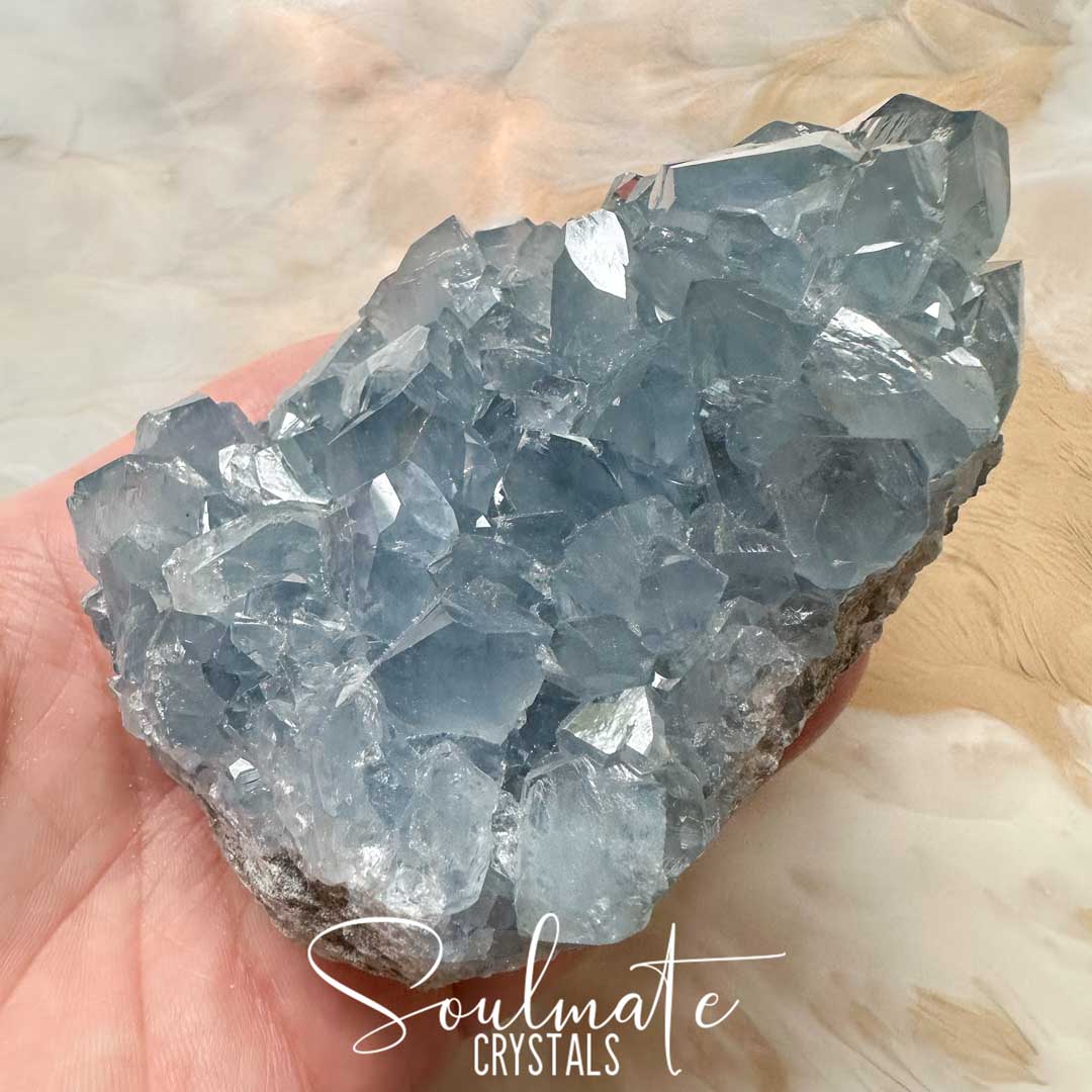 Soulmate Crystals Celestite Raw Natural Geode Cluster 2XQ, Gemmy Blue Crystal for Inner Calm, Meditation, Spiritual Development, Serenity and Restful Sleep.