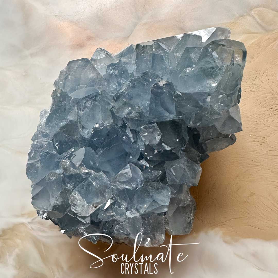 Soulmate Crystals Celestite Raw Natural Geode Cluster 3XQ, Gemmy Blue Crystal for Inner Calm, Meditation, Spiritual Development, Serenity and Restful Sleep.