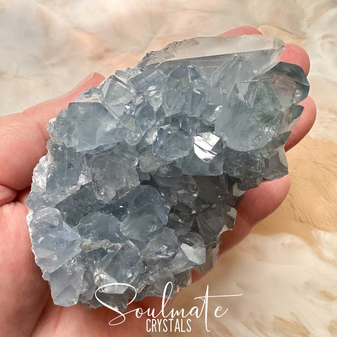 Soulmate Crystals Celestite Raw Natural Geode Cluster 3XQ, Gemmy Blue Crystal for Inner Calm, Meditation, Spiritual Development, Serenity and Restful Sleep.