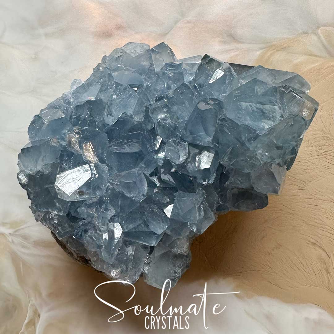 Soulmate Crystals Celestite Raw Natural Geode Cluster 3XQ, Gemmy Blue Crystal for Inner Calm, Meditation, Spiritual Development, Serenity and Restful Sleep.