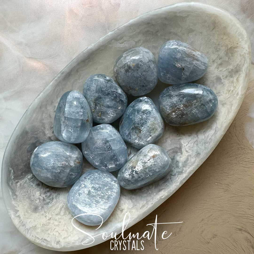Soulmate Crystals Celestite Tumbled Stone, Pale Blue Crystal for Peace, Serenity, Size Large, Grade AA