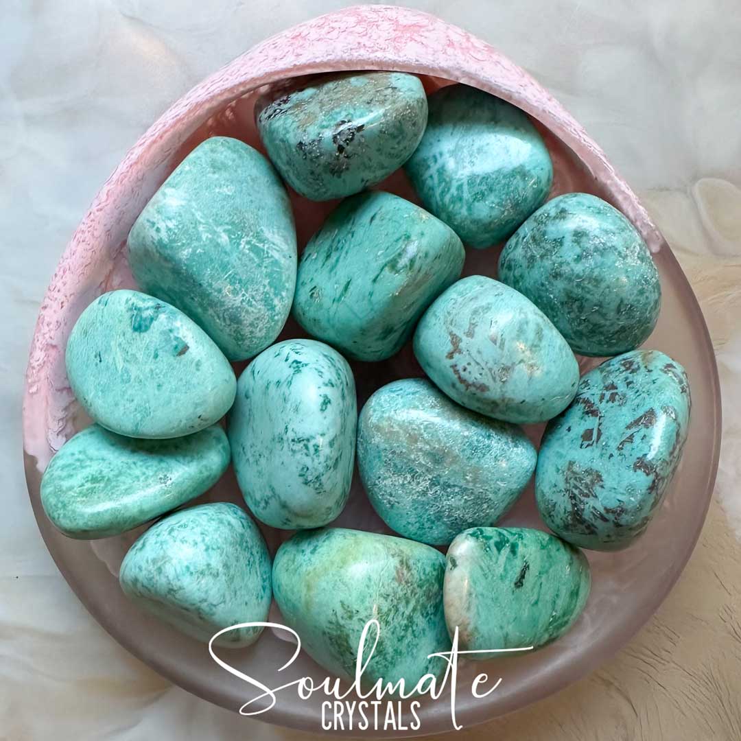 Soulmate Crystals Chrysocolla Peruvian Turquoise Tumbled Stone, Blue Green Crystal for Harmony, Enhancing Intuition, Manifest Desires, Attract Abundance, Prosperity, Good Fortune, Create Flow, Intentional Living.