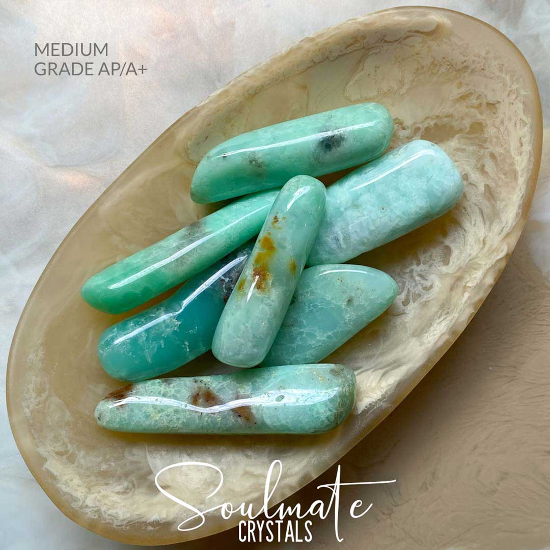 Soulmate Crystals Chrysoprase Tumbled Stone Stick, Mint Green Crystal for Empowerment, Connection, Compassion, Love and Relationships.
