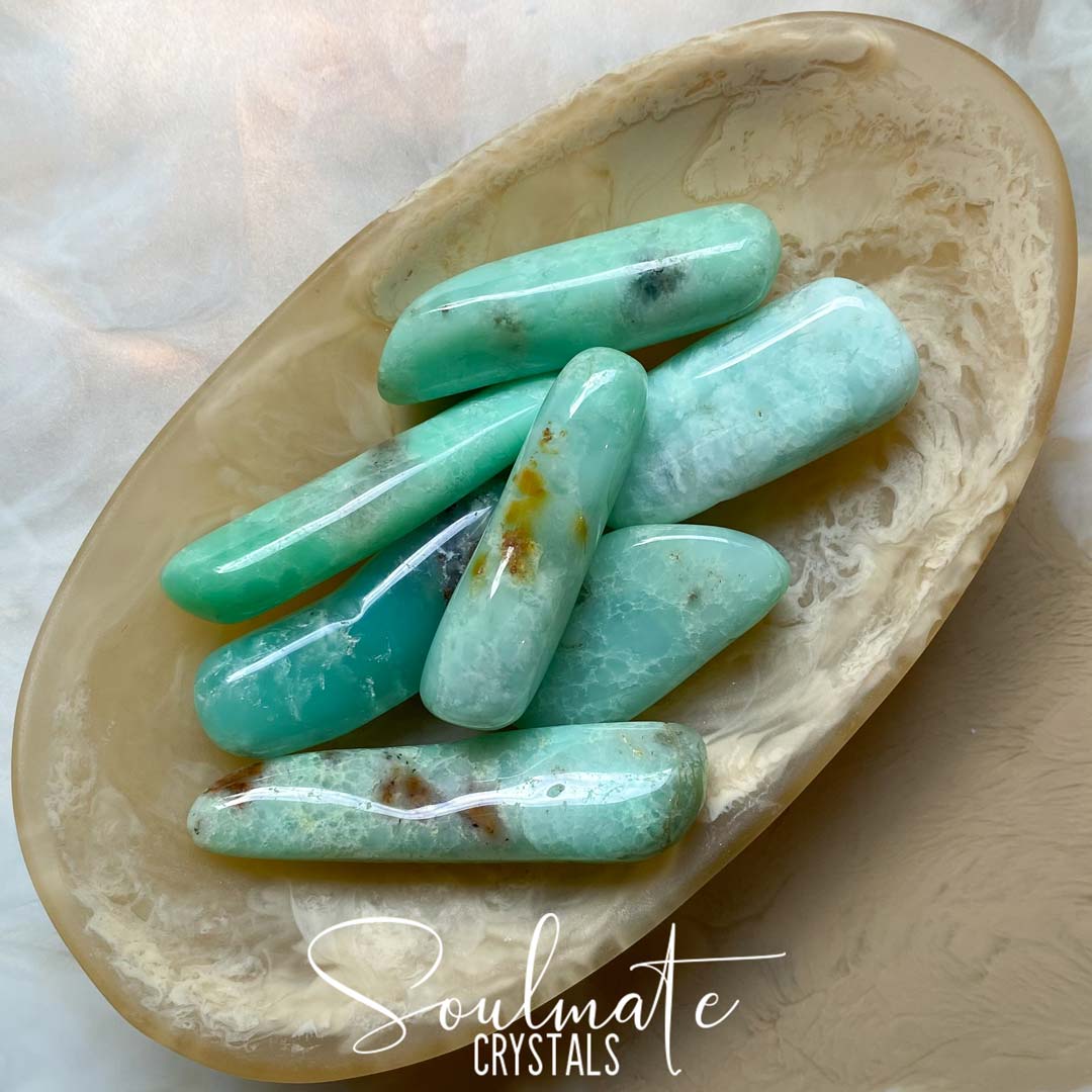 Soulmate Crystals Chrysoprase Tumbled Stone Stick, Mint Green Crystal for Empowerment, Connection, Compassion, Love and Relationships.