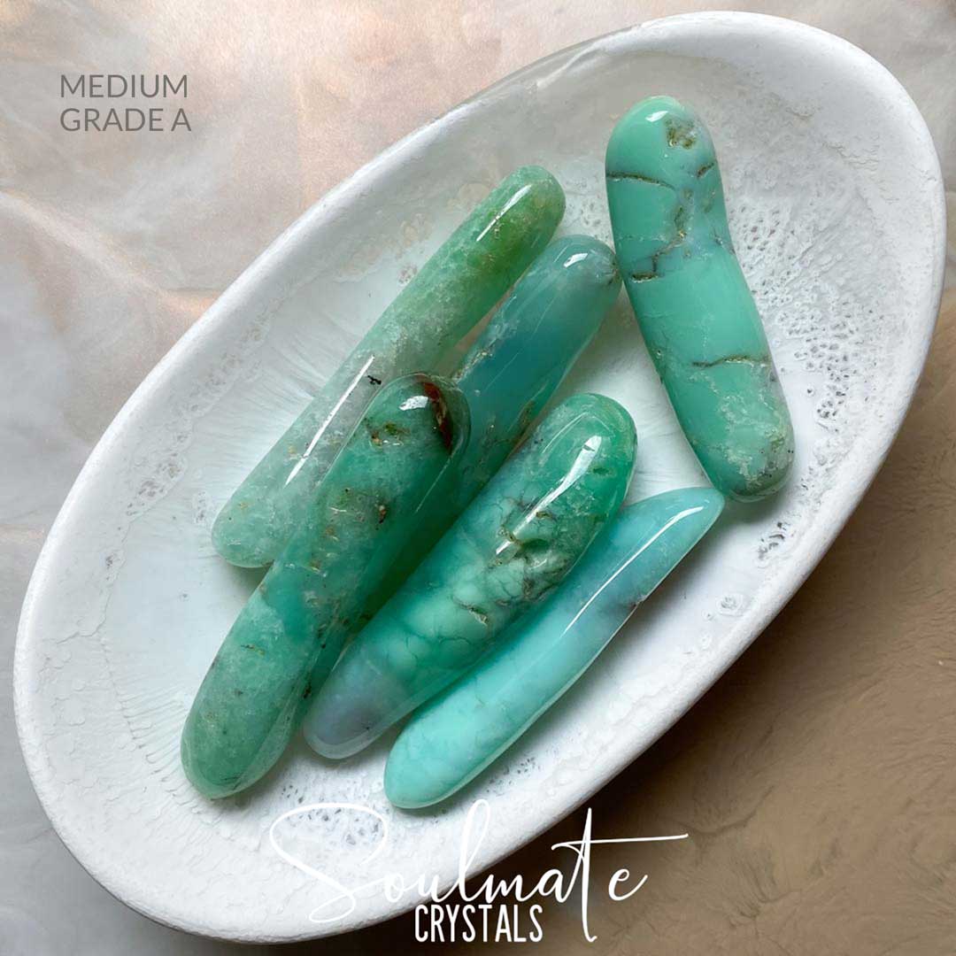 Soulmate Crystals Chrysoprase Tumbled Stone Stick, Mint Green Crystal for Empowerment, Connection, Compassion, Love and Relationships.