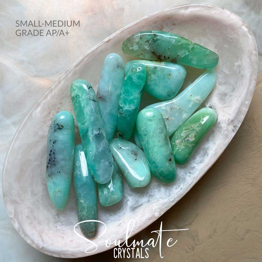Soulmate Crystals Chrysoprase Tumbled Stone Stick, Mint Green Crystal for Empowerment, Connection, Compassion, Love and Relationships.