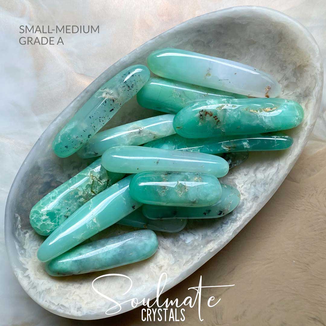 Soulmate Crystals Chrysoprase Tumbled Stone Stick, Mint Green Crystal for Empowerment, Connection, Compassion, Love and Relationships.