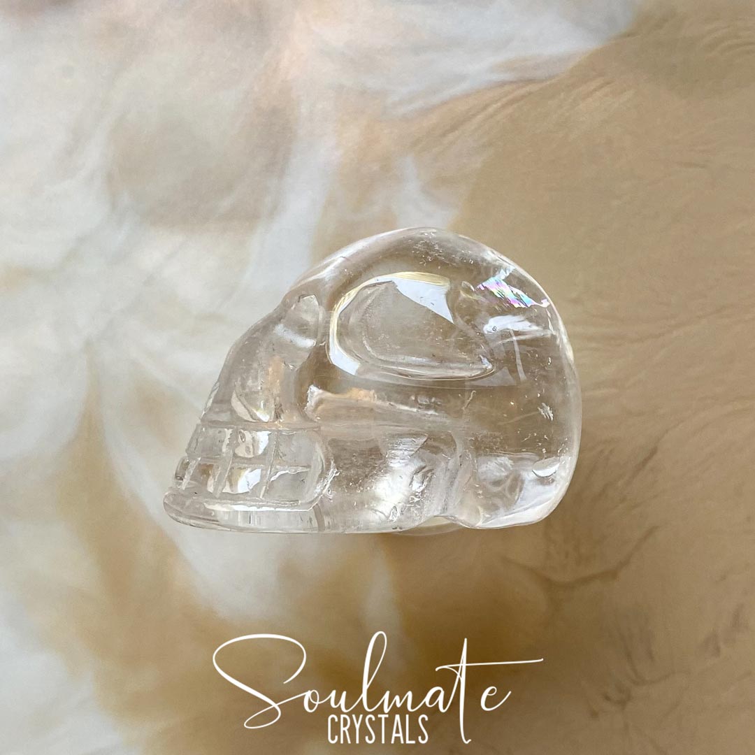 Soulmate Crystals Clear Quartz Hand Carved Polished Crystal Skull, Clear Crystal for Wisdom, Manifestation, Amplification.