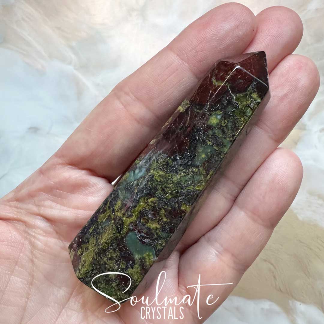 Soulmate Crystals Dragon Blood Stone Polished Crystal Point, Green and Red Crystal for Vitality, Strength, Courage, Spiritual Growth, Fortitude.