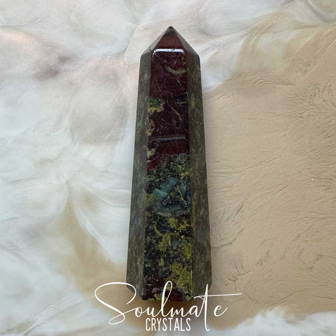 Soulmate Crystals Dragon Blood Stone Polished Crystal Point, Green and Red Crystal for Vitality, Strength, Courage, Spiritual Growth, Fortitude.