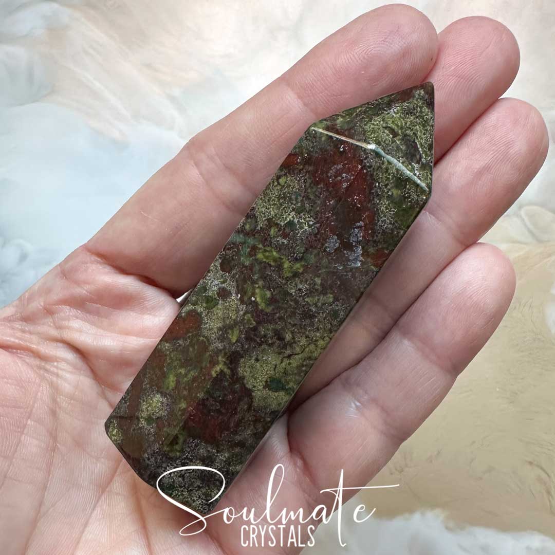 Soulmate Crystals Dragon Blood Stone Polished Crystal Point, Green and Red Crystal for Vitality, Strength, Courage, Spiritual Growth, Fortitude.