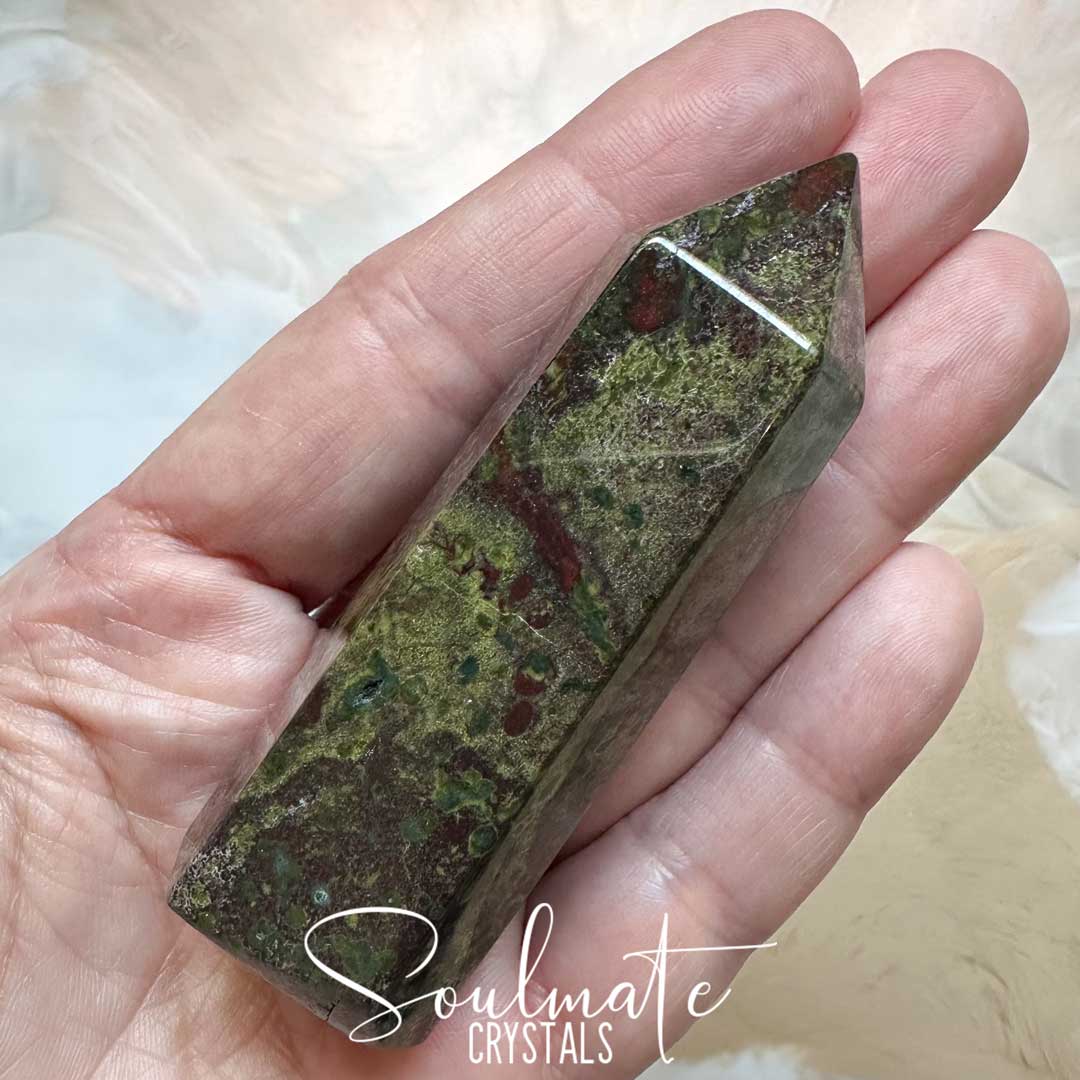 Soulmate Crystals Dragon Blood Stone Polished Crystal Point, Green and Red Crystal for Vitality, Strength, Courage, Spiritual Growth, Fortitude.