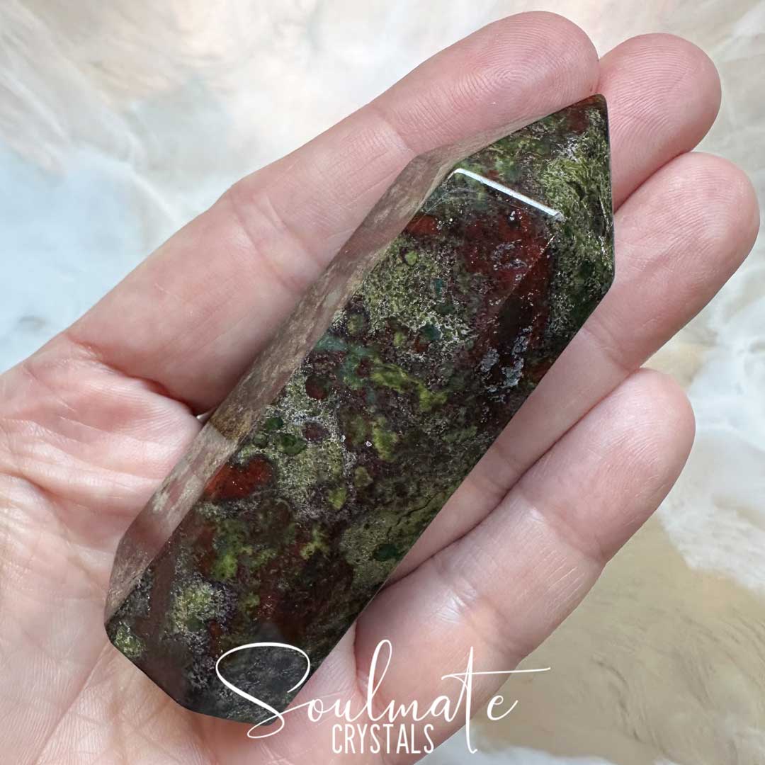 Soulmate Crystals Dragon Blood Stone Polished Crystal Point, Green and Red Crystal for Vitality, Strength, Courage, Spiritual Growth, Fortitude.