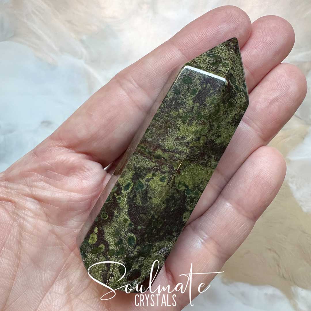 Soulmate Crystals Dragon Blood Stone Polished Crystal Point, Green and Red Crystal for Vitality, Strength, Courage, Spiritual Growth, Fortitude.