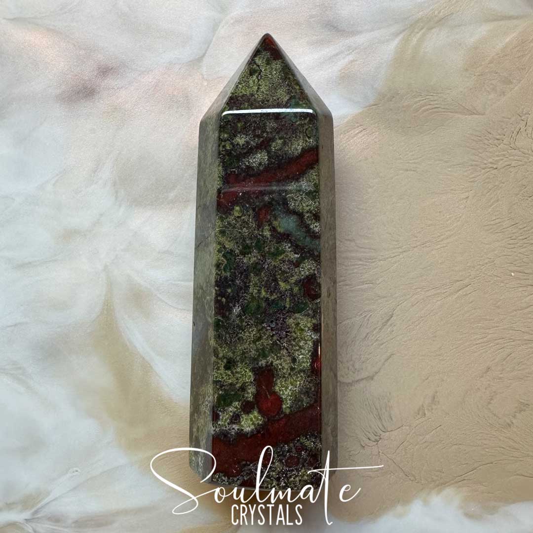 Soulmate Crystals Dragon Blood Stone Polished Crystal Point, Green and Red Crystal for Vitality, Strength, Courage, Spiritual Growth, Fortitude.