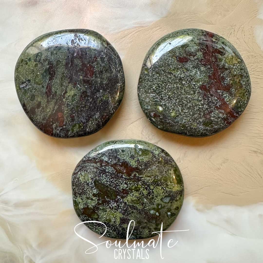 Soulmate Crystals Dragon’s Blood Stone Polished Crystal Palm Stone, Green Crystal Red Pattern for Vitality, Strength and Courage