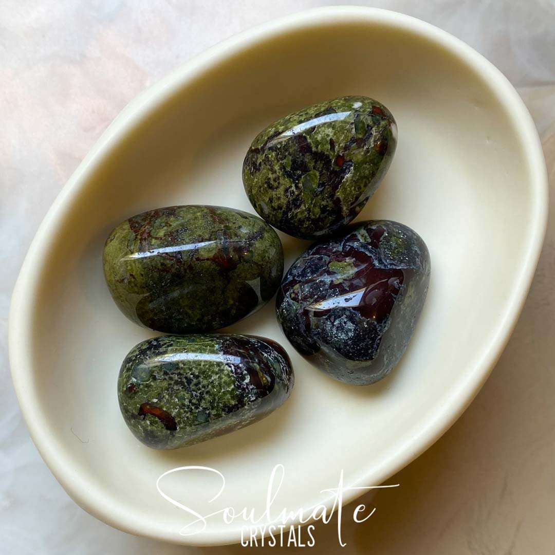 Soulmate Crystals Dragon’s Blood Stone Tumbled Stone, Green Crystal for Vitality, Strength and Courage