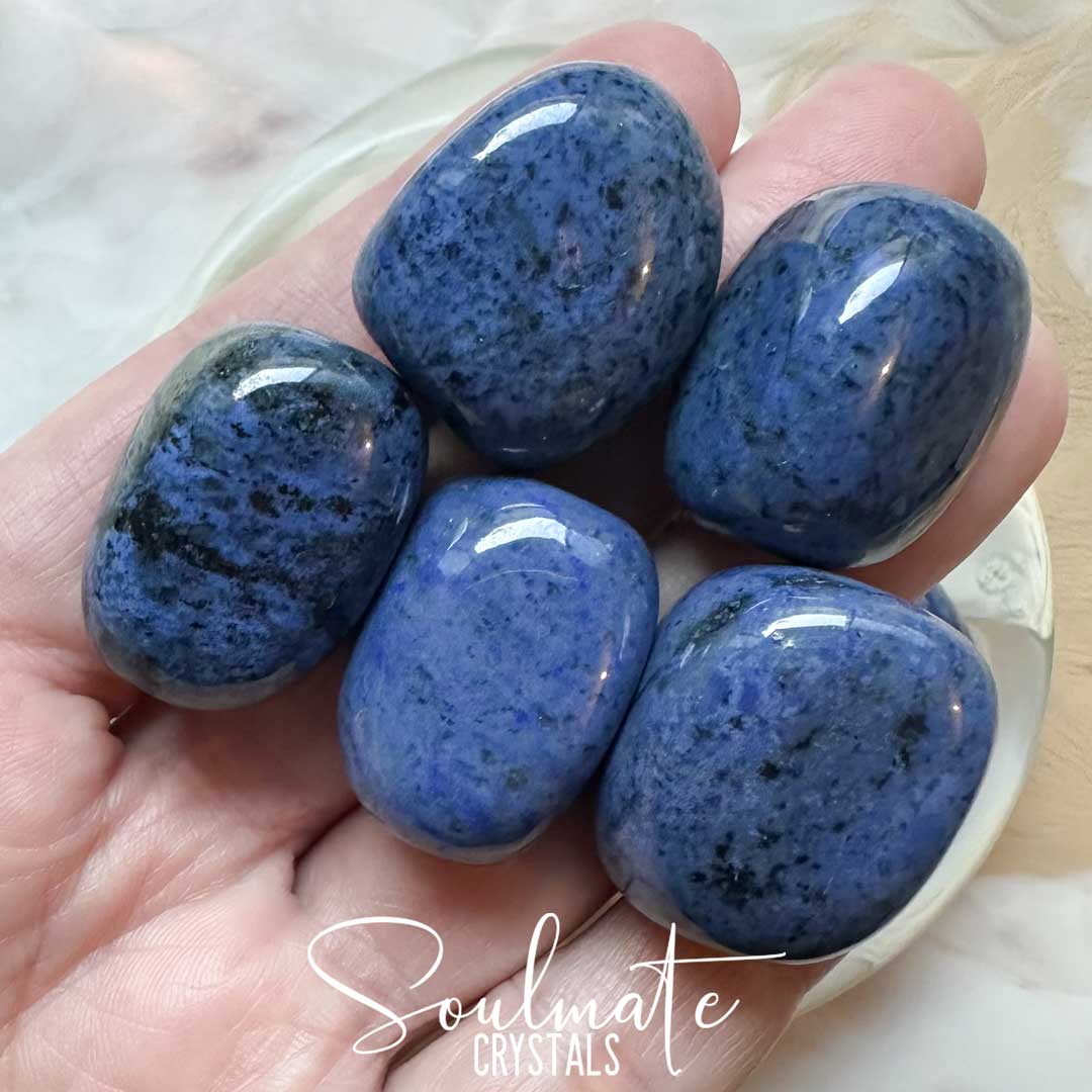 Soulmate Crystals Dumortierite Tumbled Stone, Bright Imperial Blue Crystal for Calm, Focus, Tolerance, Confidence, Self-Expression, Black Speckled Mineral Inclusions.
