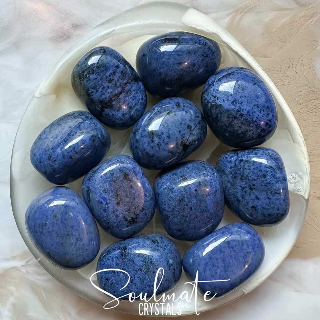 Soulmate Crystals Dumortierite Tumbled Stone, Bright Imperial Blue Crystal for Calm, Focus, Tolerance, Confidence, Self-Expression, Black Speckled Mineral Inclusions.