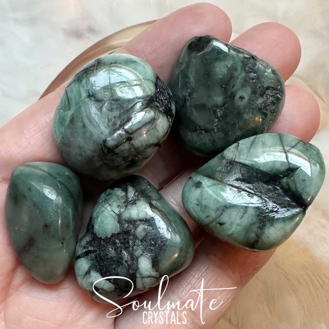 Soulmate Crystals Emerald Tumbled Stone, Polished Green Crystal Black Inclusions for Love, Abundance, Truth, Communication, Inner Peace, Vision, Wealth, Relationships.