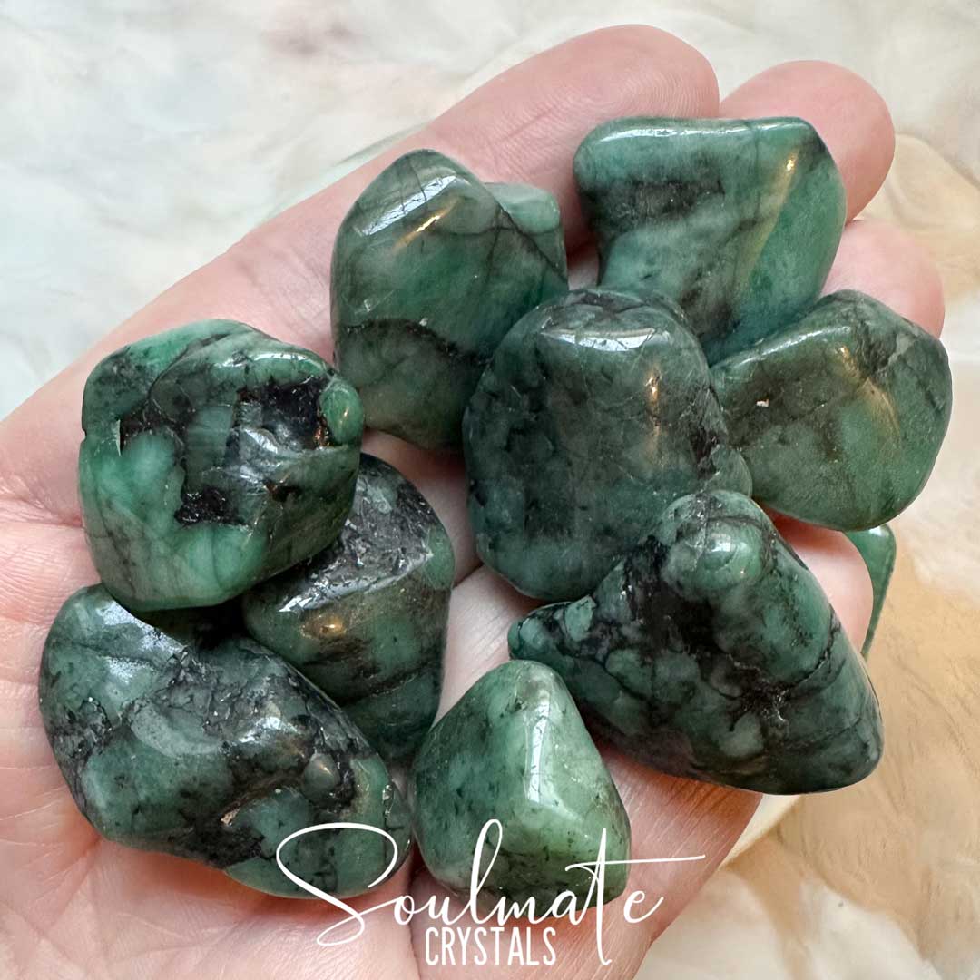 Soulmate Crystals Emerald Tumbled Stone, Polished Green Crystal Black Inclusions for Love, Abundance, Truth, Communication, Inner Peace, Vision, Wealth, Relationships.