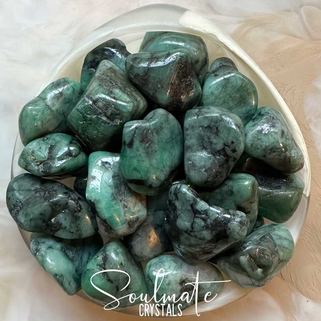 Soulmate Crystals Emerald Tumbled Stone, Polished Green Crystal Black Inclusions for Love, Abundance, Truth, Communication, Inner Peace, Vision, Wealth, Relationships.
